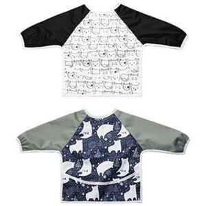 Little Jump 2 Pack Bear & Cat Long Sleeved Smocks Waterproof Bibs with Pocket